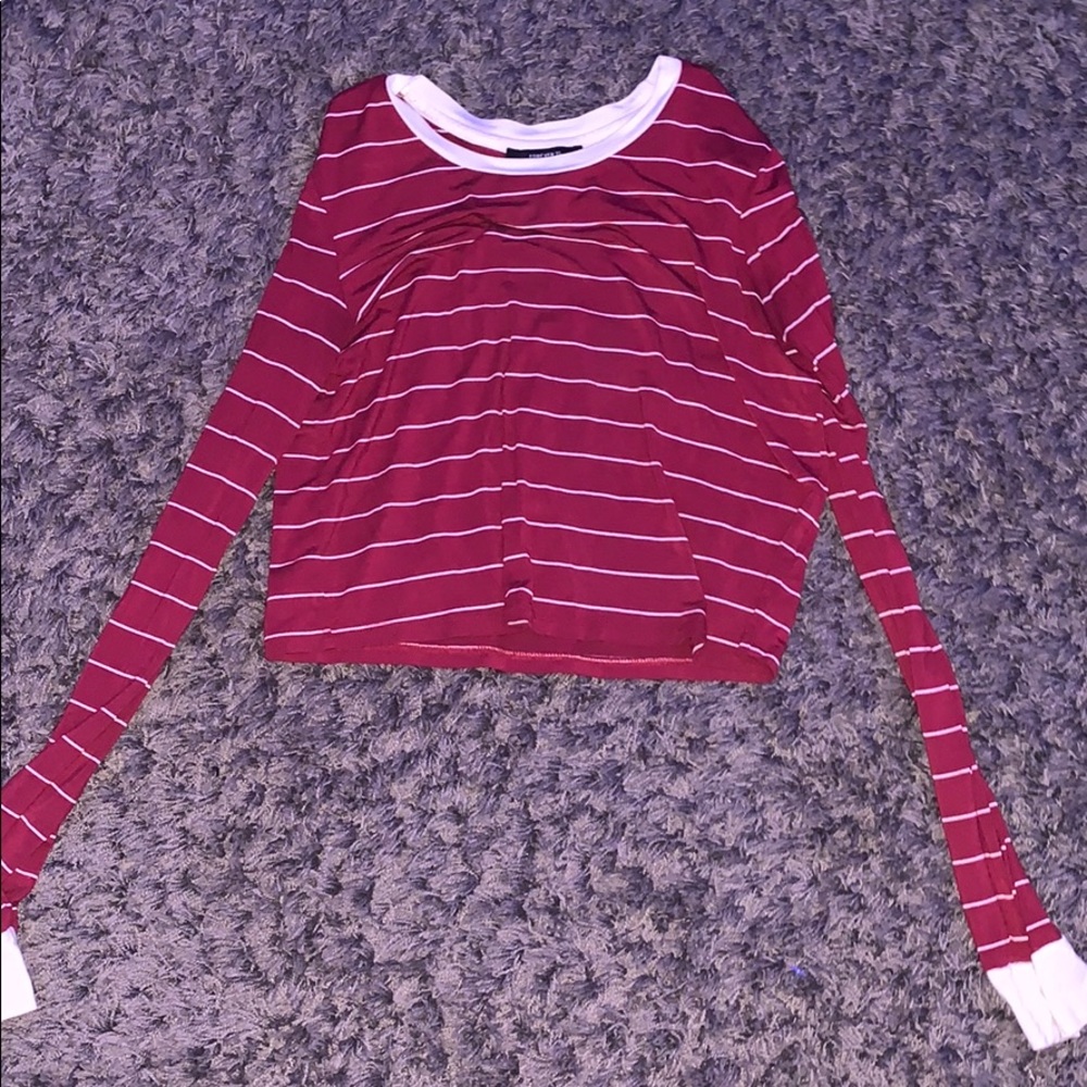 maroon and white long sleeve stripped shirt